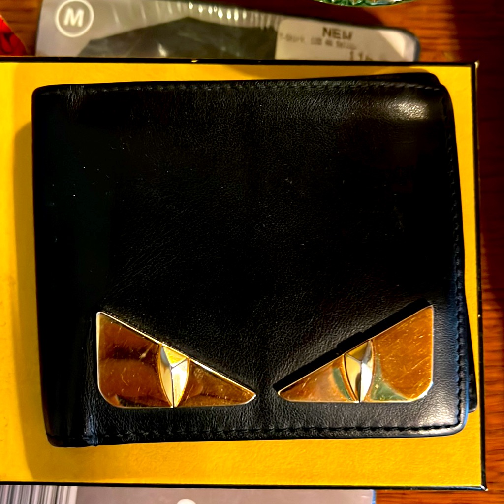 Fendi Authentic Men Monster Eye Black Leather Gold Wallet + Box, Coa & Dust Bag!